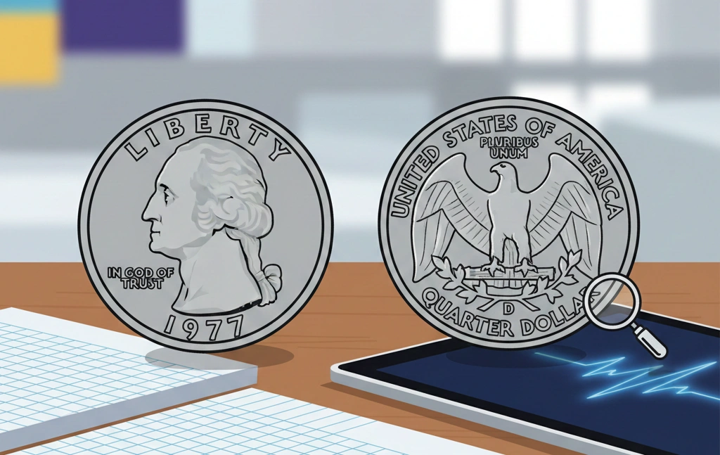 Desk scene comparing 1977 quarter with and without mint mark