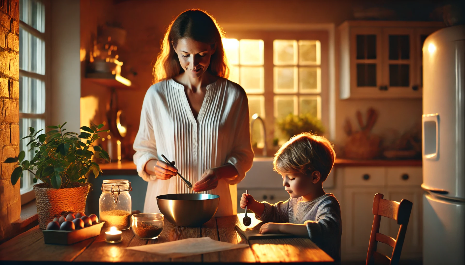 A peaceful evening scene of a mother standing in her kitchen, preparing a healthy meal while her child sits at a nearby table, helping by stirring ingredients in a small bowl.