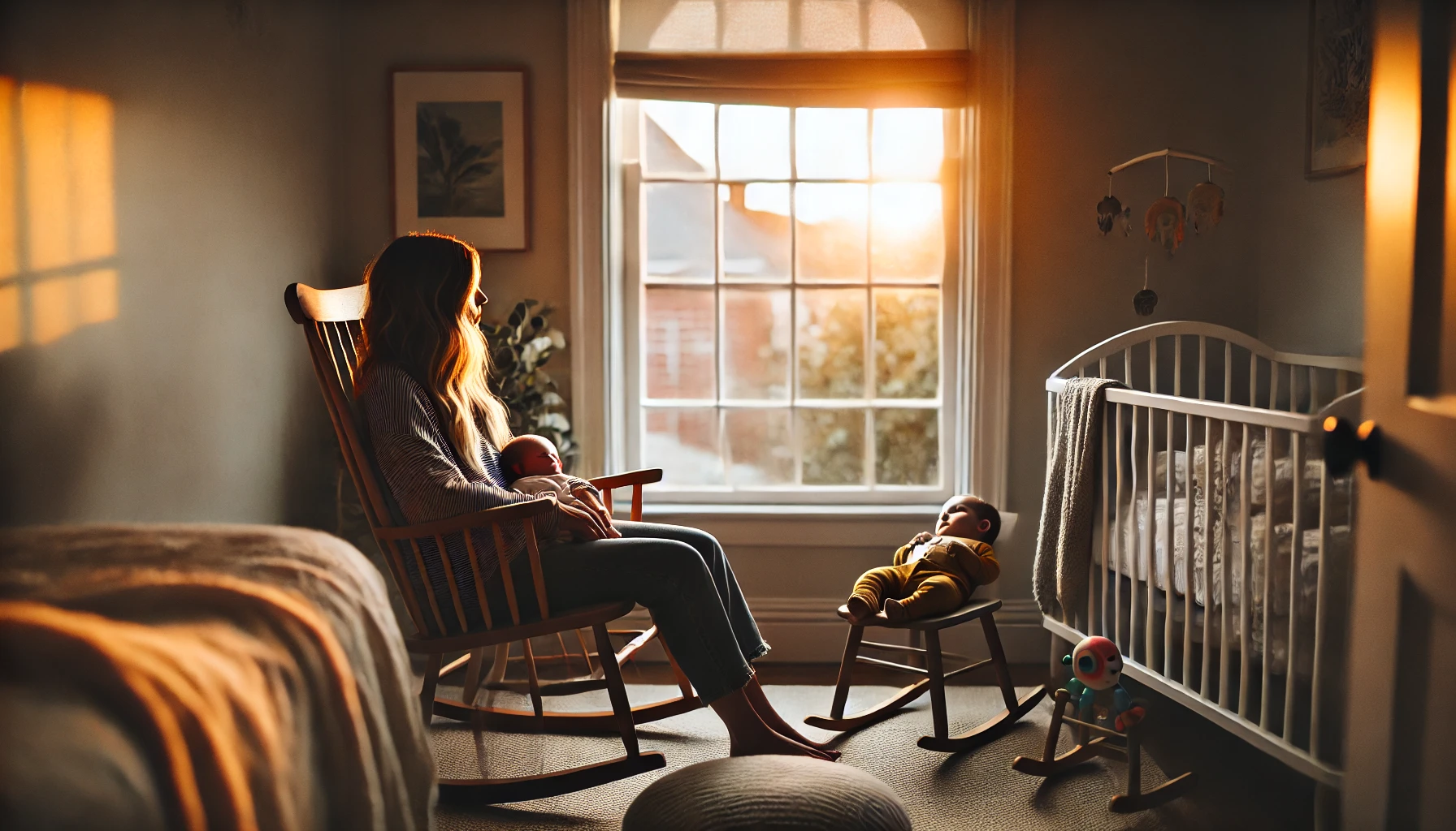 A peaceful scene of a mother sitting in a rocking chair next to a crib, watching over her sleeping newborn baby.