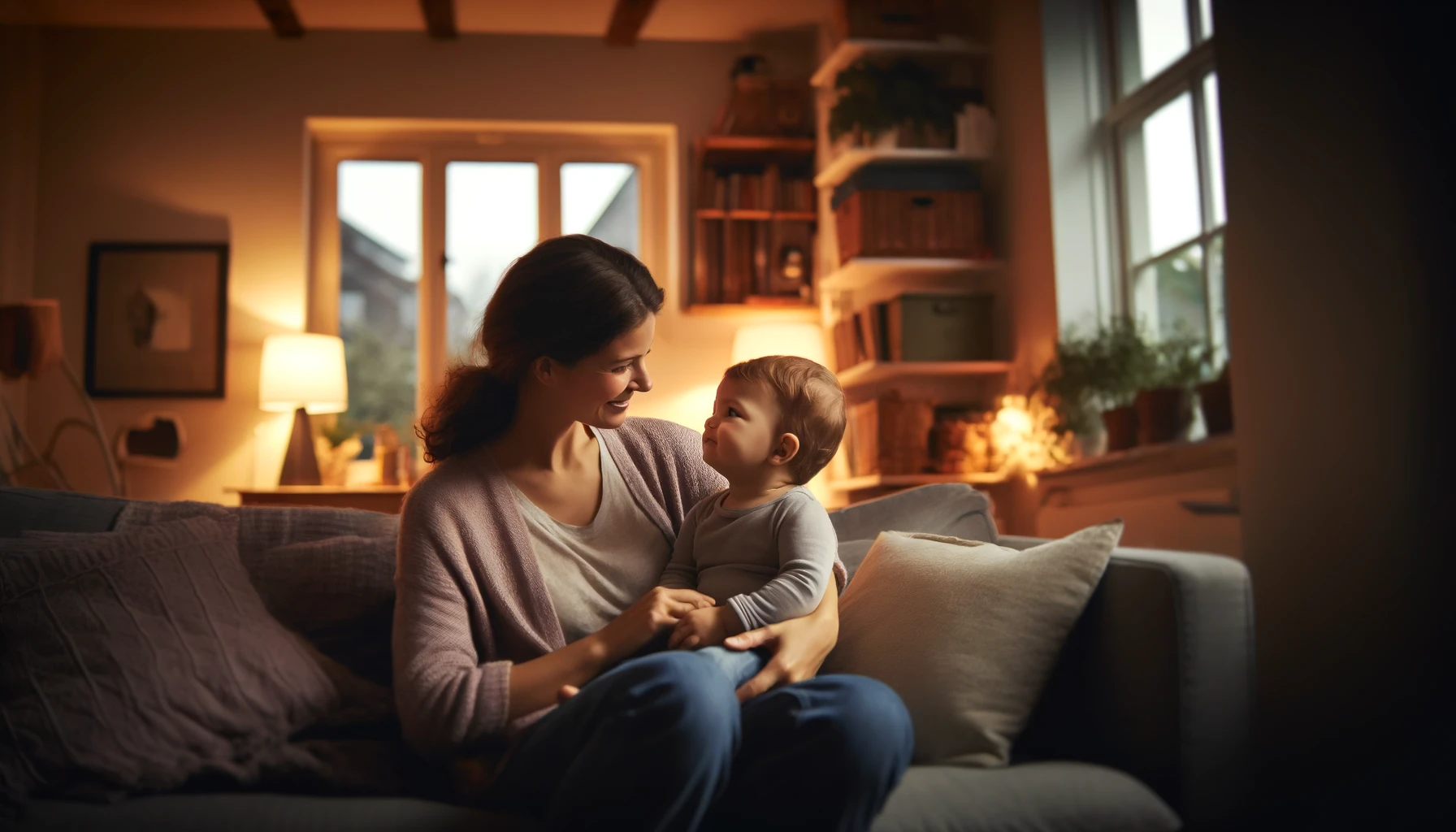 A serene moment of a mother sitting in a cozy living room with her child on her lap, both engaging in warm eye contact and smiling. 